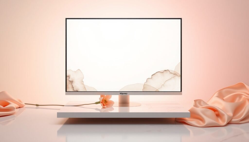 미드저니 - flat lay of computer screen displaying Midjourney AI generated artwork with colorful abstract design, modern desk setup