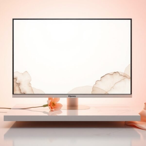 미드저니 - flat lay of computer screen displaying Midjourney AI generated artwork with colorful abstract design, modern desk setup