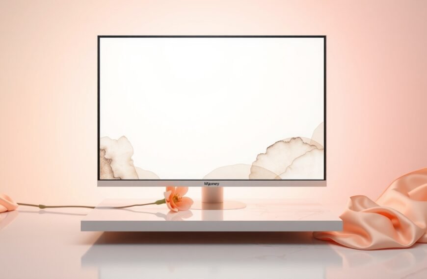 미드저니 - flat lay of computer screen displaying Midjourney AI generated artwork with colorful abstract design, modern desk setup