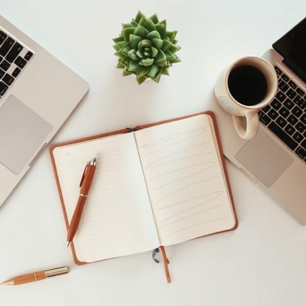 콘텐츠 마케팅 - flat lay of laptop, notebook, and coffee cup on white desk, content marketing strategy concept 2026