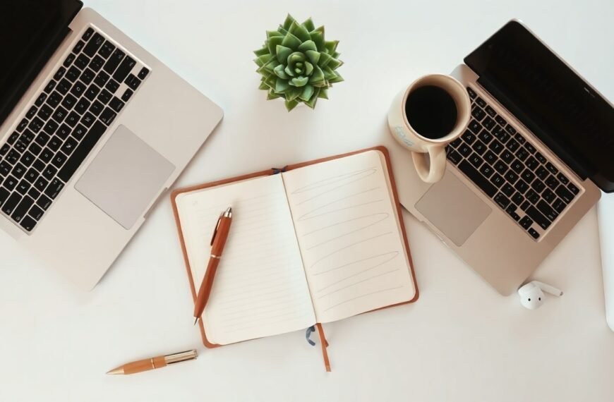 콘텐츠 마케팅 - flat lay of laptop, notebook, and coffee cup on white desk, content marketing strategy concept 2026