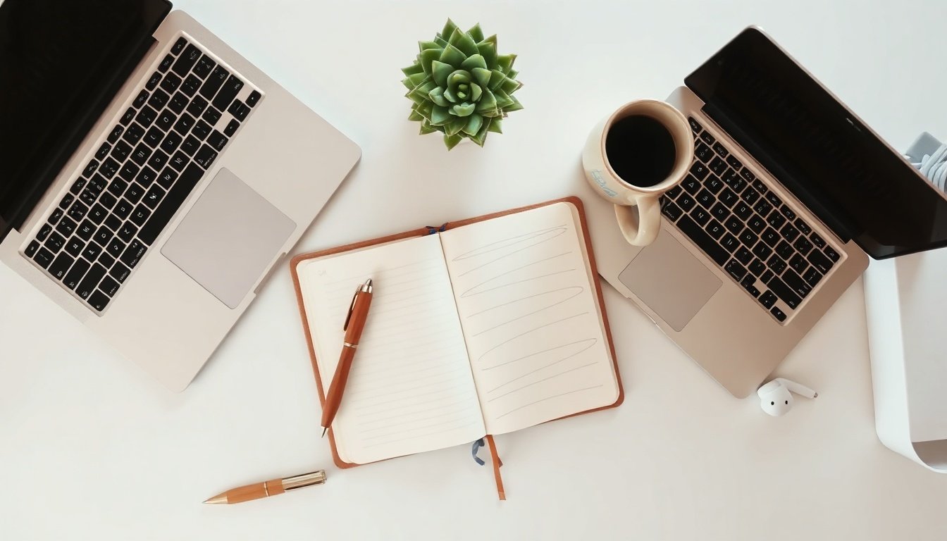 콘텐츠 마케팅 - flat lay of laptop, notebook, and coffee cup on white desk, content marketing strategy concept 2026
