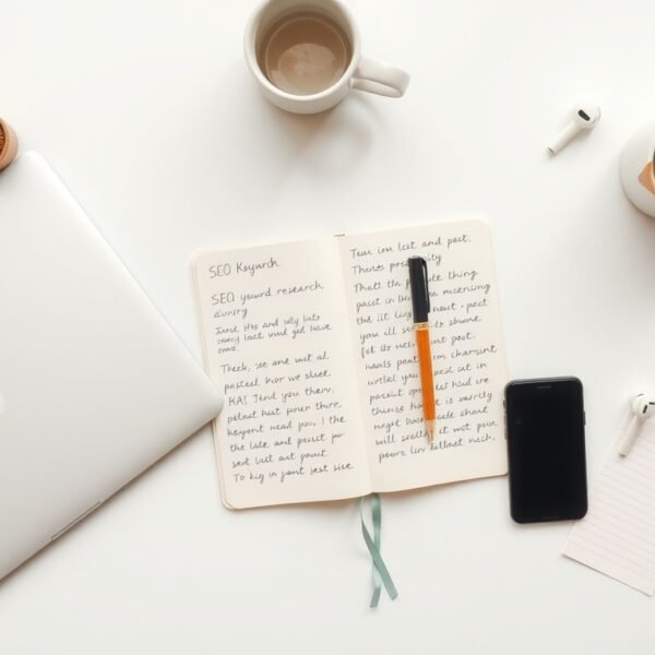 롱테일 키워드 - flat lay of notebook with SEO keyword research notes and smartphone on white desk, long-tail keyword strategy concept