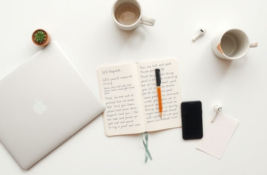 롱테일 키워드 - flat lay of notebook with SEO keyword research notes and smartphone on white desk, long-tail keyword strategy concept