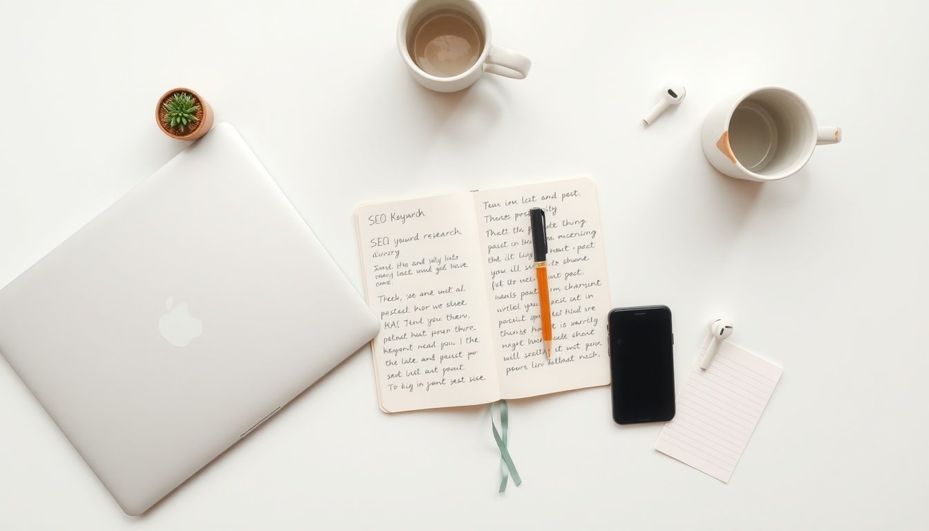 롱테일 키워드 - flat lay of notebook with SEO keyword research notes and smartphone on white desk, long-tail keyword strategy concept