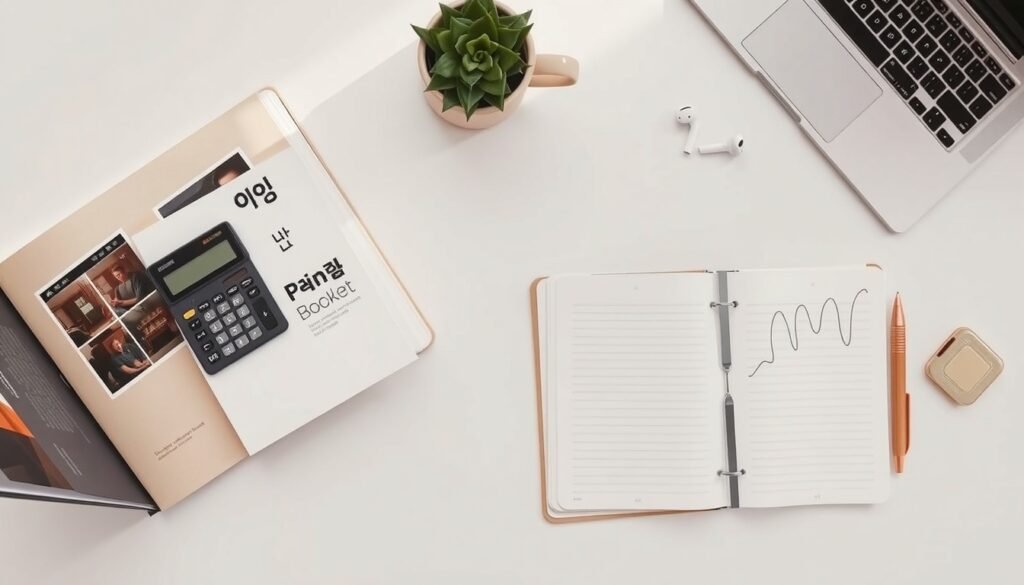 국민연금 - flat lay of Korean pension booklet and calculator on white desk, national pension concept