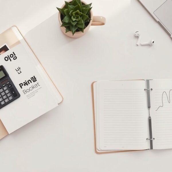 국민연금 - flat lay of Korean pension booklet and calculator on white desk, national pension concept