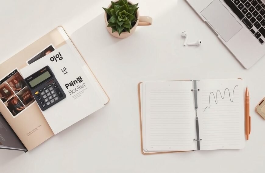 국민연금 - flat lay of Korean pension booklet and calculator on white desk, national pension concept