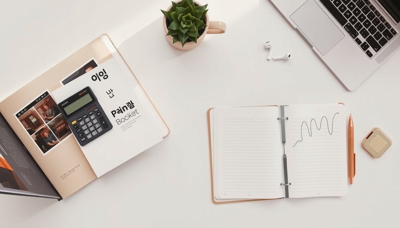 국민연금 - flat lay of Korean pension booklet and calculator on white desk, national pension concept