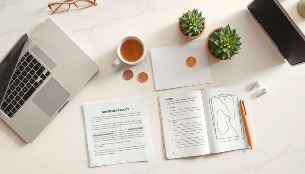 기본소득 전에 - flat lay of Korean government policy documents and coins on white desk, basic income fiscal sustainability concept