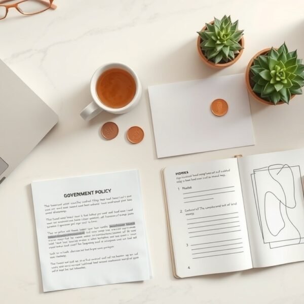 기본소득 전에 - flat lay of Korean government policy documents and coins on white desk, basic income fiscal sustainability concept