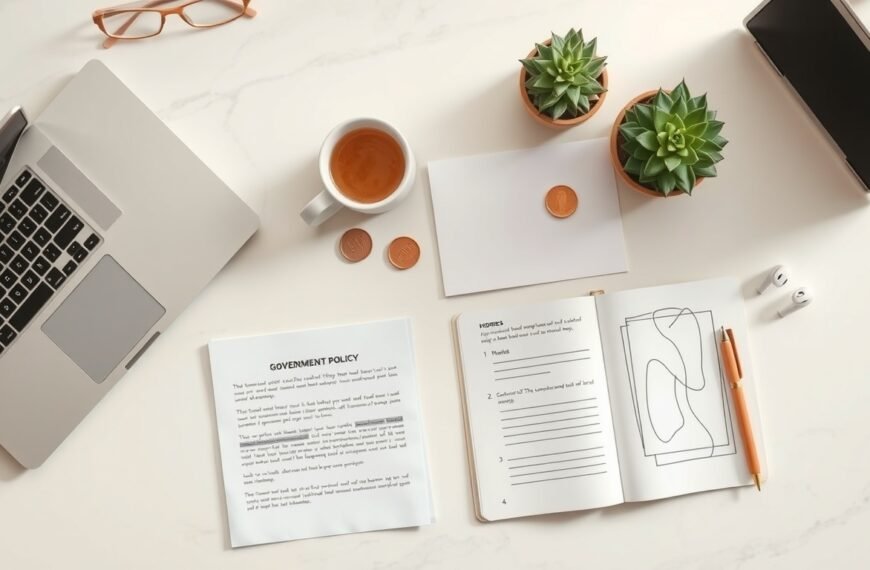 기본소득 전에 - flat lay of Korean government policy documents and coins on white desk, basic income fiscal sustainability concept