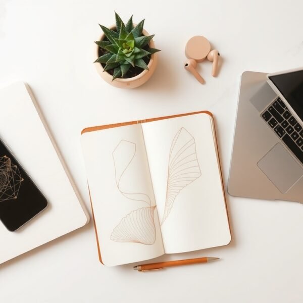 생성형 AI - flat lay of smartphone and laptop displaying generative AI interface on white desk, modern tech concept