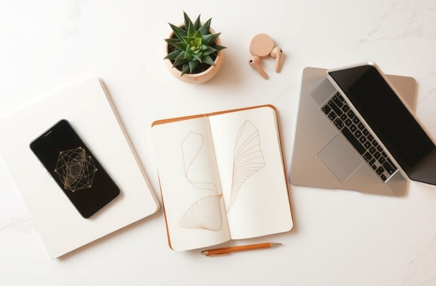 생성형 AI - flat lay of smartphone and laptop displaying generative AI interface on white desk, modern tech concept