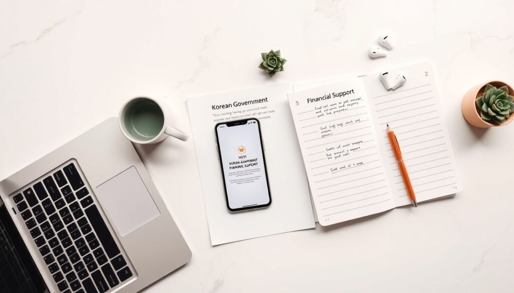 청년도약계좌 - flat lay of Korean government financial support document and smartphone on white desk, youth savings account concept