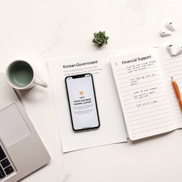 청년도약계좌 - flat lay of Korean government financial support document and smartphone on white desk, youth savings account concept