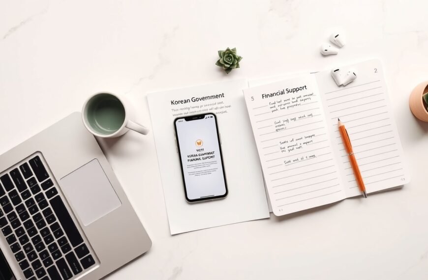 청년도약계좌 - flat lay of Korean government financial support document and smartphone on white desk, youth savings account concept