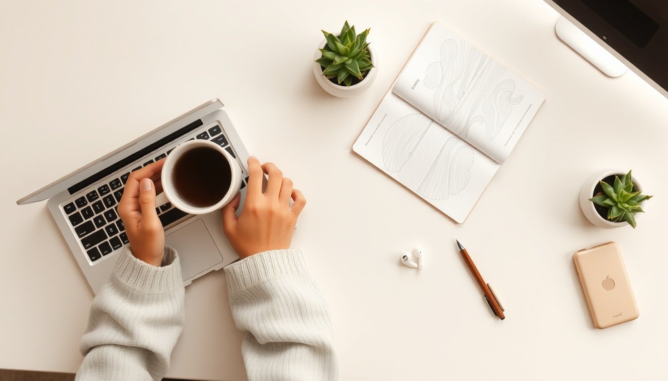 블로그 체험단 - Korean woman upper body shot with face visible, writing blog review on laptop with product samples, natural hands, bright indoor lighting