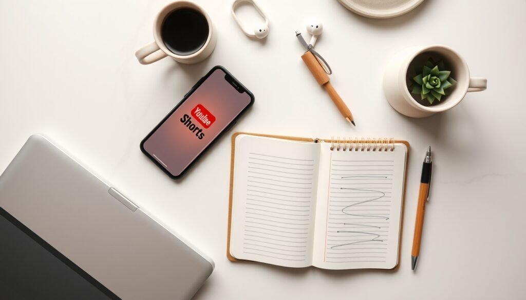 유튜브 쇼츠 - flat lay of smartphone showing YouTube Shorts interface on white desk with notebook and earphones, YouTube Shorts monetization concept