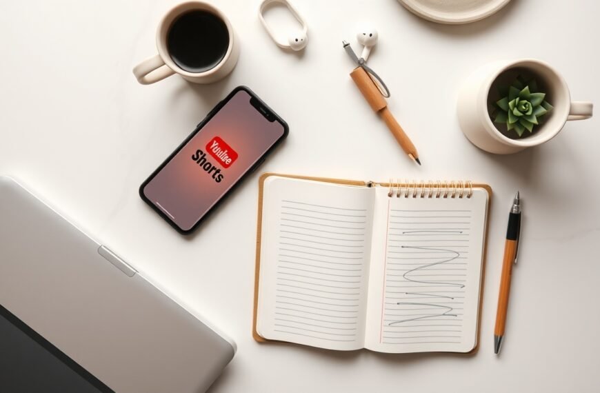 유튜브 쇼츠 - flat lay of smartphone showing YouTube Shorts interface on white desk with notebook and earphones, YouTube Shorts monetization concept