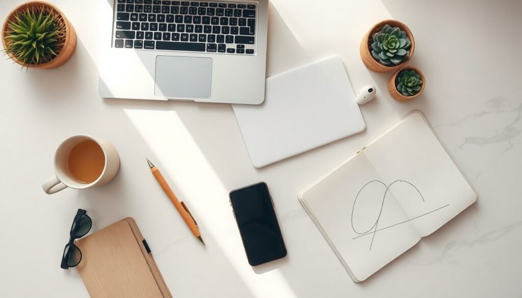 AI 영상 제작 - flat lay of laptop showing AI video creation software interface with smartphone and earphones on white desk, AI video production concept
