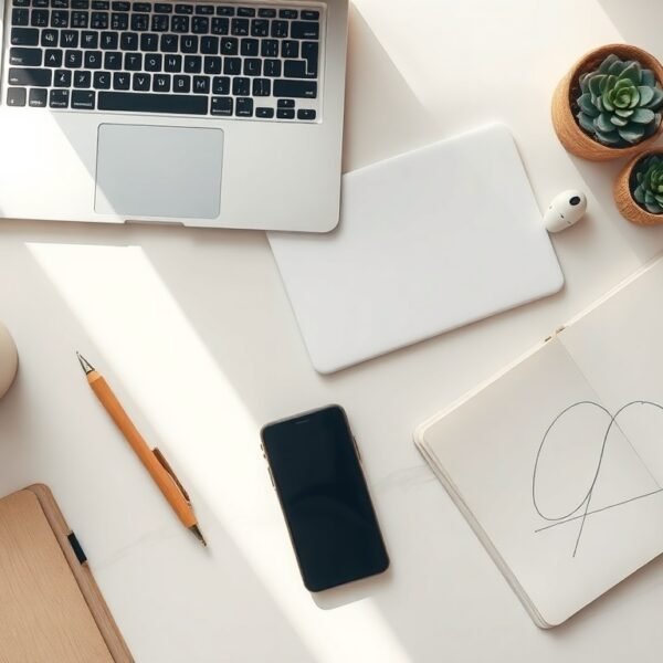AI 영상 제작 - flat lay of laptop showing AI video creation software interface with smartphone and earphones on white desk, AI video production concept
