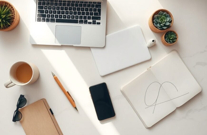 AI 영상 제작 - flat lay of laptop showing AI video creation software interface with smartphone and earphones on white desk, AI video production concept