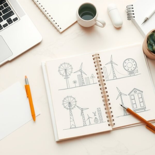 지역난방 미래기술 - flat lay of energy technology startup concept with blueprint, green energy icons, and laptop on white desk, district heating future technology