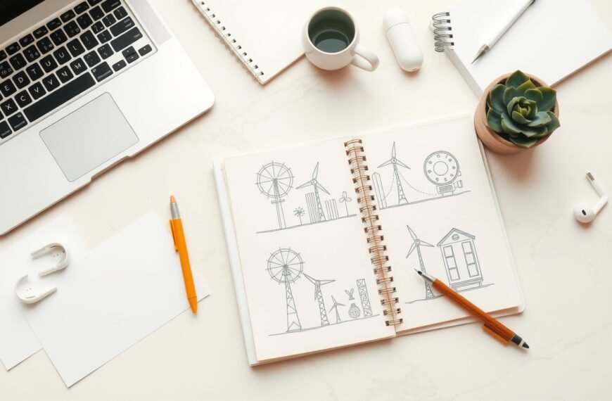 지역난방 미래기술 - flat lay of energy technology startup concept with blueprint, green energy icons, and laptop on white desk, district heating future technology