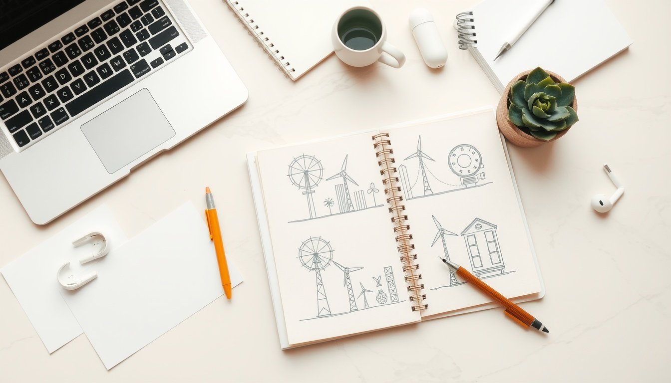 지역난방 미래기술 - flat lay of energy technology startup concept with blueprint, green energy icons, and laptop on white desk, district heating future technology