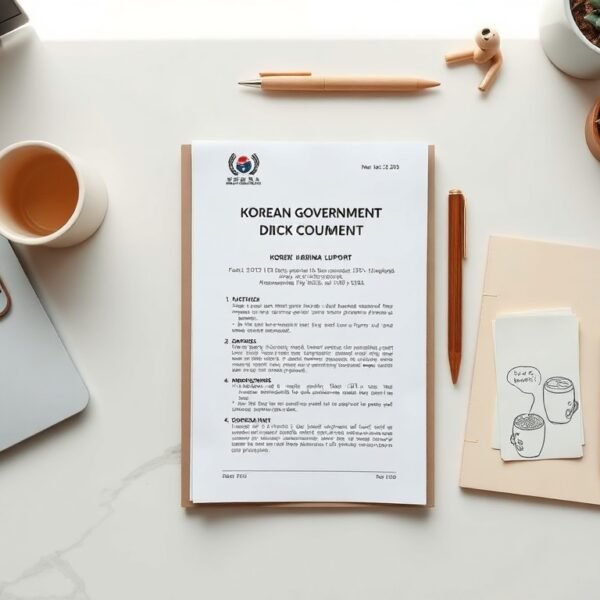 청년 지원금 - flat lay of Korean government support document, smartphone, and pen on white desk, youth support grant 2026 concept