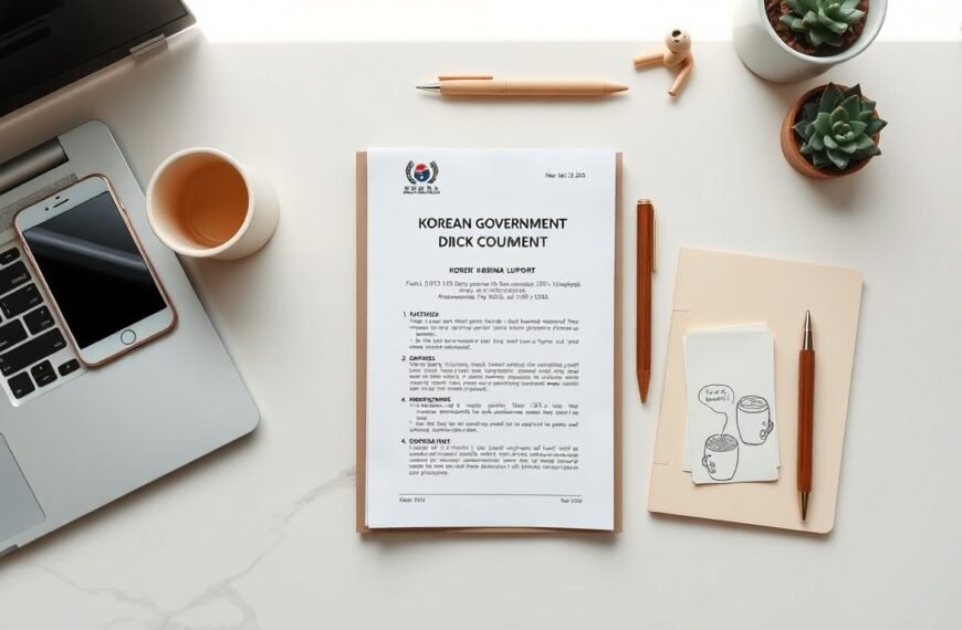 청년 지원금 - flat lay of Korean government support document, smartphone, and pen on white desk, youth support grant 2026 concept
