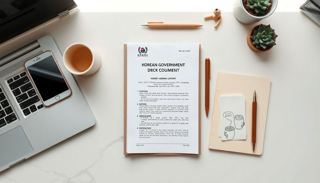 청년 지원금 - flat lay of Korean government support document, smartphone, and pen on white desk, youth support grant 2026 concept