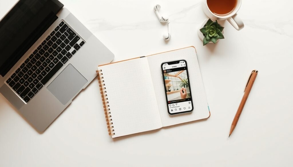 인스타 마케팅 - flat lay of smartphone showing Instagram feed on white desk with notebook and pen, Instagram marketing concept