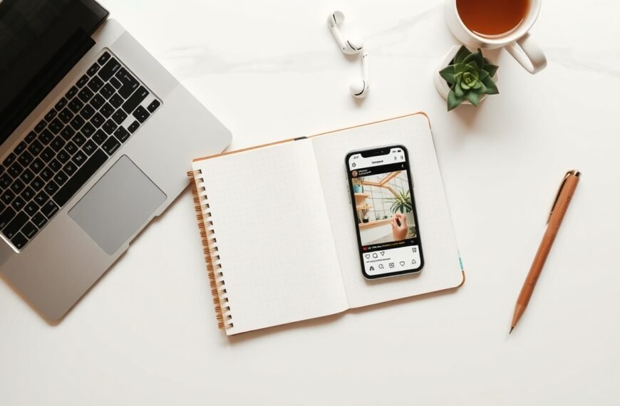 인스타 마케팅 - flat lay of smartphone showing Instagram feed on white desk with notebook and pen, Instagram marketing concept