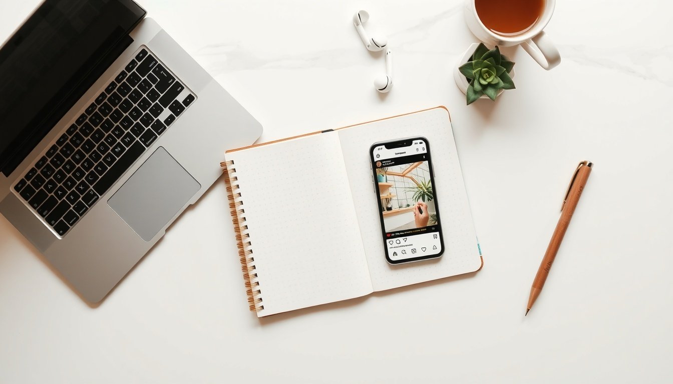 인스타 마케팅 - flat lay of smartphone showing Instagram feed on white desk with notebook and pen, Instagram marketing concept