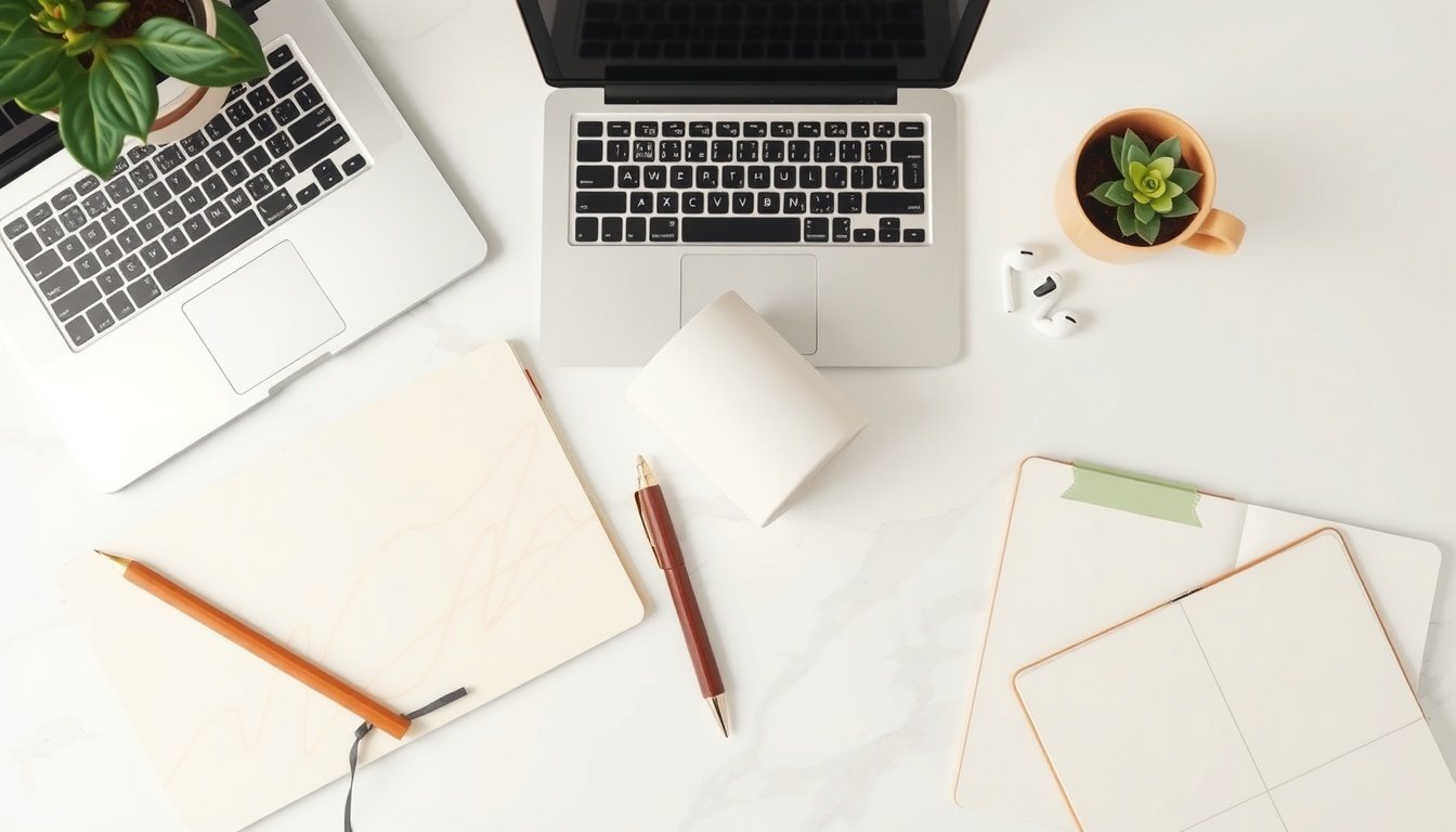 고흥군 마케팅 - flat lay of marketing strategy documents, laptop and notebook on white desk, Goheung-gun small business support concept