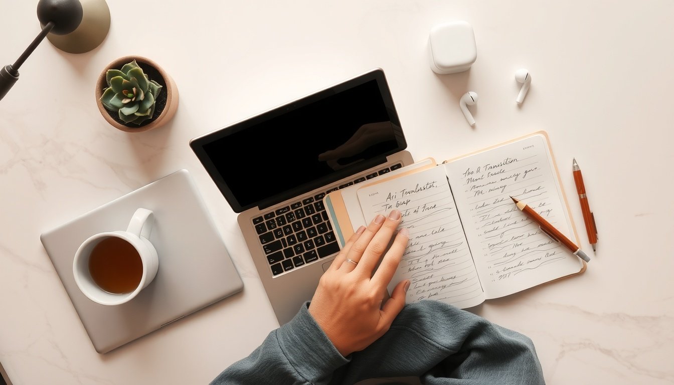 AI 번역 - Korean professional upper body shot with face visible, reviewing AI translation results on laptop screen, natural hands, modern office environment