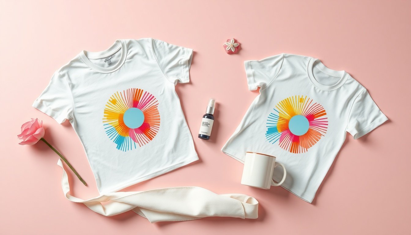 미드저니 - flat lay of printed t-shirts and mugs with colorful AI-generated Midjourney artwork designs on white background