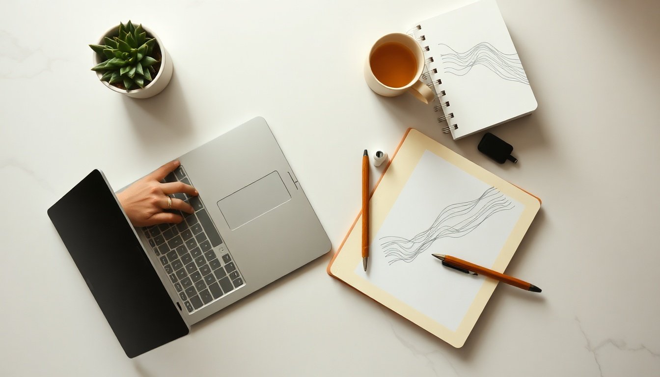 티스토리 블로그 - Korean man upper body shot with face visible, analyzing blog traffic data on laptop screen, natural hands, professional home office setting