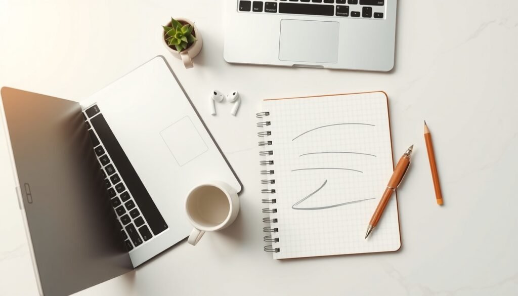 블로그 상위노출 - flat lay of laptop and notebook with SEO blog strategy concept, keyword research tools on screen, overhead view