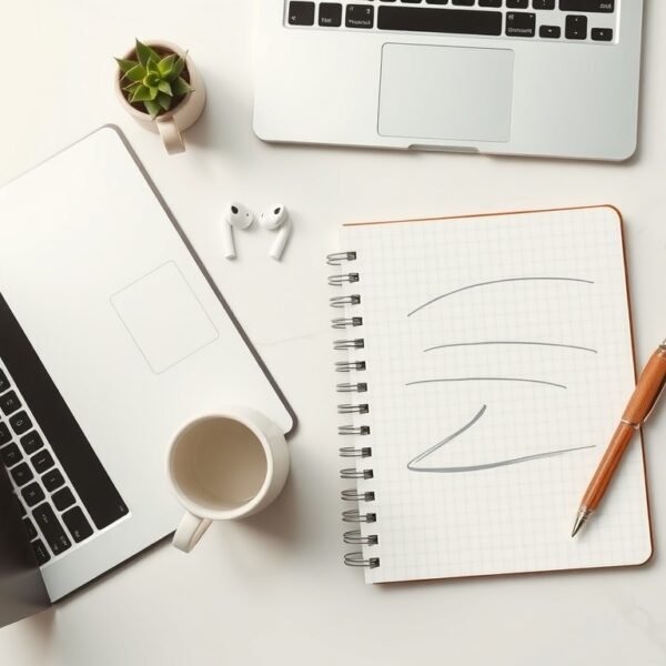 블로그 상위노출 - flat lay of laptop and notebook with SEO blog strategy concept, keyword research tools on screen, overhead view