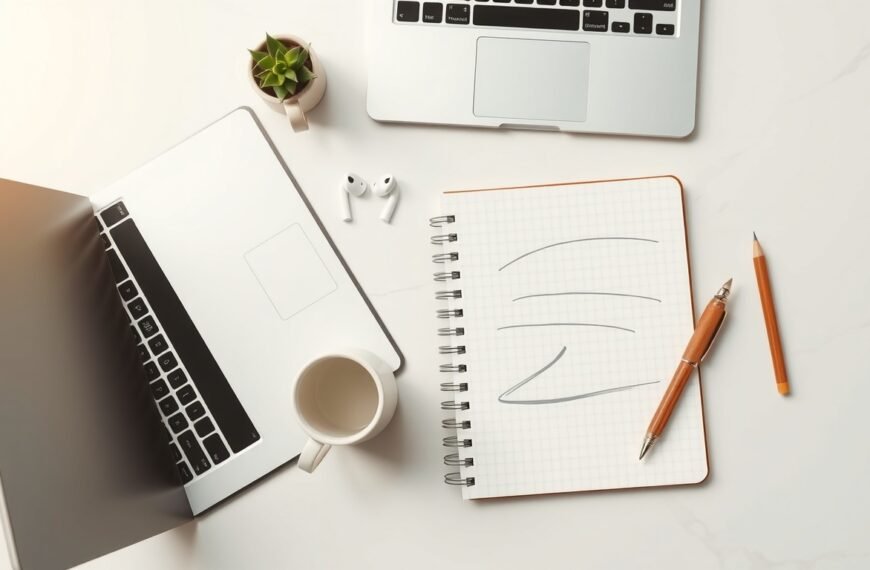 블로그 상위노출 - flat lay of laptop and notebook with SEO blog strategy concept, keyword research tools on screen, overhead view