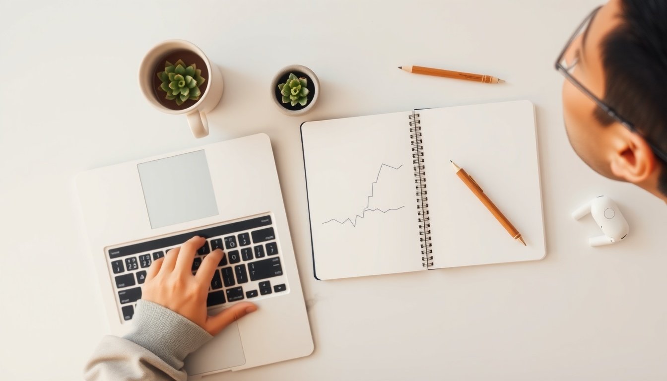 페이스북 광고 - upper body shot of Korean man with face visible, analyzing Facebook ad performance metrics on laptop screen, digital marketing concept, natural hands