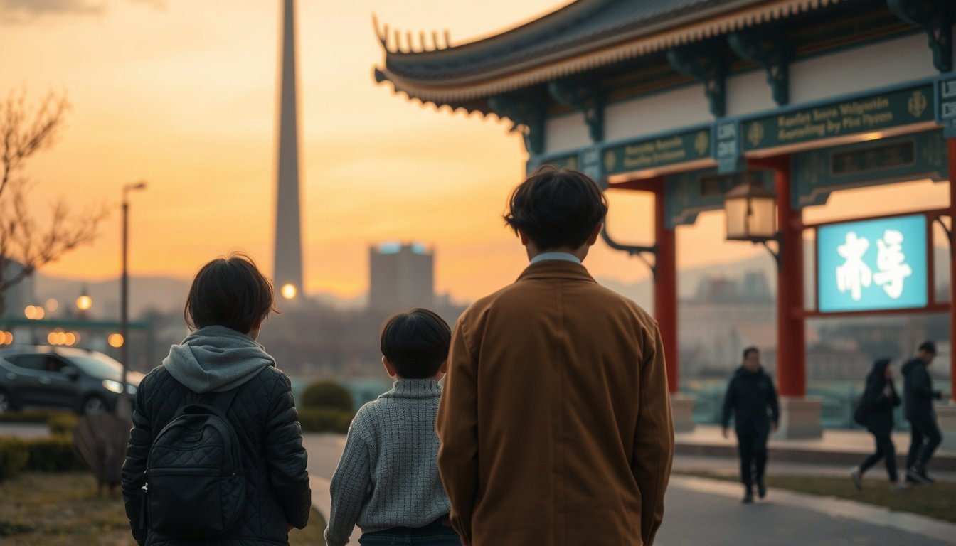 광명시 인구정책 - Korean family with young children in Gwangmyeong city park, full body shot with face visible, population policy support concept