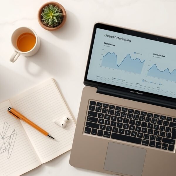 강한사람들 병원 - flat lay of medical marketing data dashboard on laptop screen, hospital brand analytics concept, overhead view