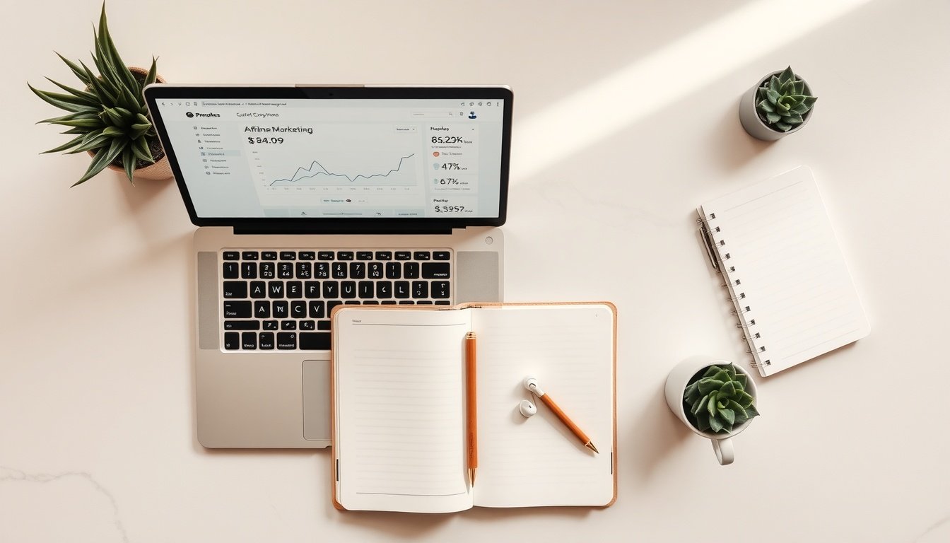 쿠팡파트너스 - flat lay of laptop showing affiliate marketing dashboard with income statistics, Coupang Partners concept, top view on white background