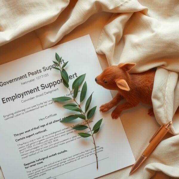 국민취업지원제도 - flat lay of government support document, employment support certificate, and pen on white desk, Korean national employment support program concept