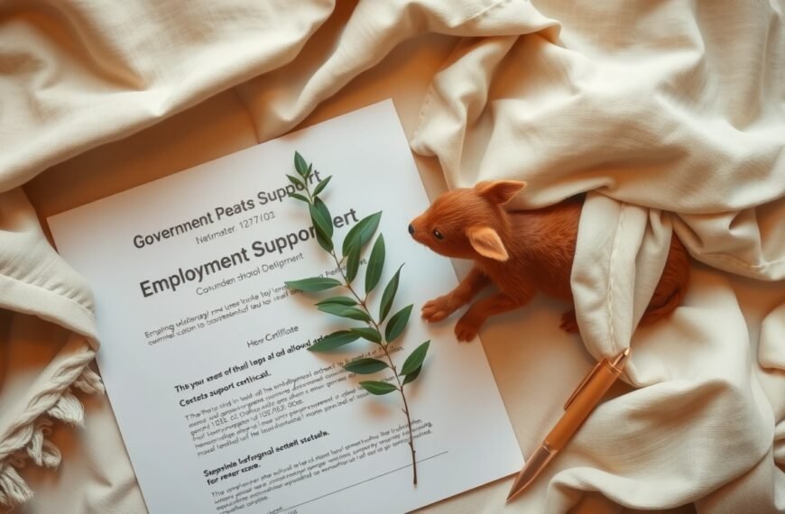 국민취업지원제도 - flat lay of government support document, employment support certificate, and pen on white desk, Korean national employment support program concept