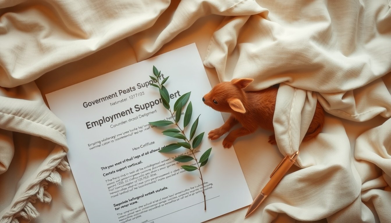 국민취업지원제도 - flat lay of government support document, employment support certificate, and pen on white desk, Korean national employment support program concept